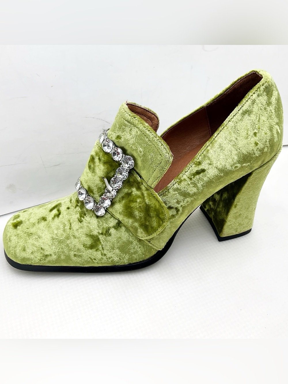 🆕{Jeffery Campbell} Velvet Chunky Rhinestone Buckle Heel Loafers - Picture 15 of 16